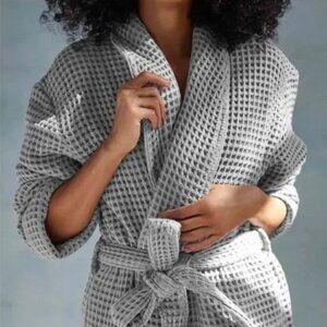 Brooklinen Gray Waffle Knit Robe with Belt Tie